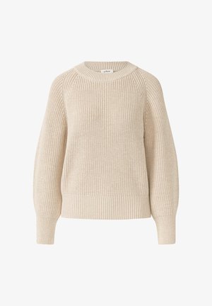 Gebreide trui in lichtbeige met een ronde halslijn, geribbelde boorden en zoom, en een gestructureerde afwerking. Heeft brede, licht gepofte mouwen.