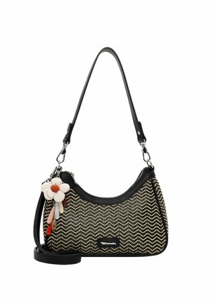 Sac à main à motifs ondulés noirs et beiges avec bandoulière amovible et breloque en forme de fleur ornée de perles en forme de goutte multicolores.