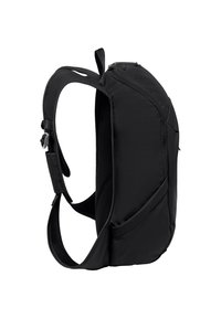 Black backpack with a sleek design, featuring a curved shape, padded mesh straps, and multiple pockets. Smooth fabric with zipper closure.