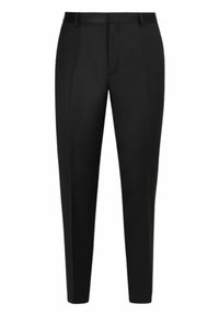 Pantaloni neri su misura con una vestibilità slim, caratterizzati da una superficie liscia, tasche laterali e dettagli con vita a pieghe.