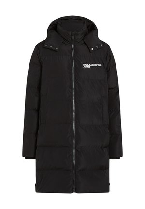 Black padded coat with a zip closure, large collar, and logo detail on the chest. Features a smooth, shiny texture and side pockets.