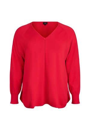 Rød langærmet V-hals sweater med ribbede manchetter og sideslids, løs pasform, lavet af strikstof.