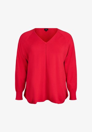 Rød langærmet V-hals sweater med ribbede manchetter og sideslids, løs pasform, lavet af strikstof.