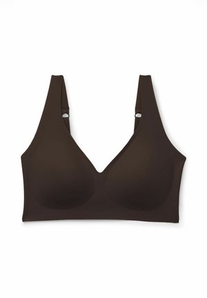 Brauner kabelloser BH mit breiten, verstellbaren Trägern und nahtlosen Cups, entworfen für Komfort und den täglichen Gebrauch.