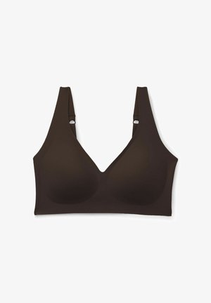 Brown wireless bra with wide adjustable straps and seamless cups, designed for comfort and everyday wear.