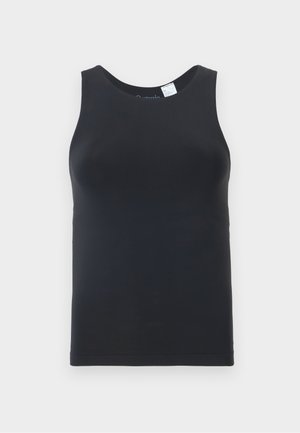 Μαύρο κοντομάνικο εφαρμοστό τοπ με στρογγυλή λαιμόκοψη, εμφανίζεται σε απλό λευκό φόντο.