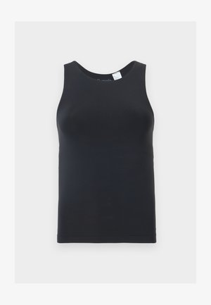 Canotta nera aderente senza maniche con scollo tondo, mostrata su sfondo bianco semplice.