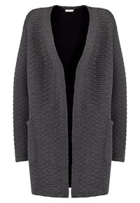 Szary pikowany kardigan z otwartym przodem, długimi rękawami i dwoma przednimi kieszeniami; charakteryzuje się teksturowanym, geometrycznym wzorem.