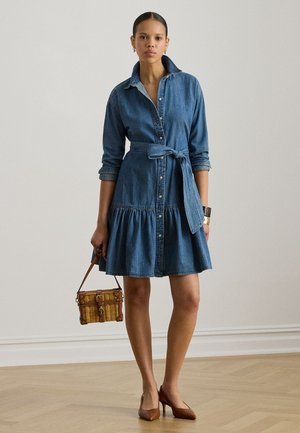 denim combination dress ESPRESSO HOUR MIDI l FLYING TOMATO CAMEL/INDIGO / S Color:Napa Blue Contrast/Lining Harshell Smocked Midi Dress Long Sleeve Oasis Dungaree