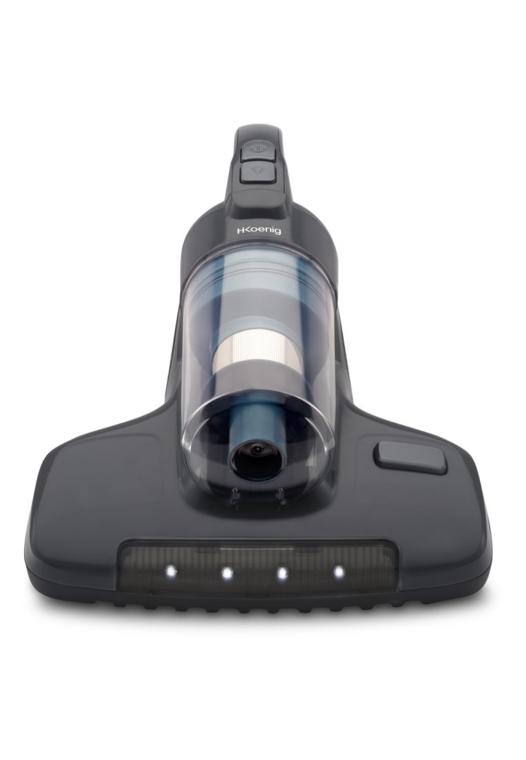 Cabezal de aspiradora de mano HKoenig con contenedor de polvo transparente, botones de control y luces LED en el borde frontal.