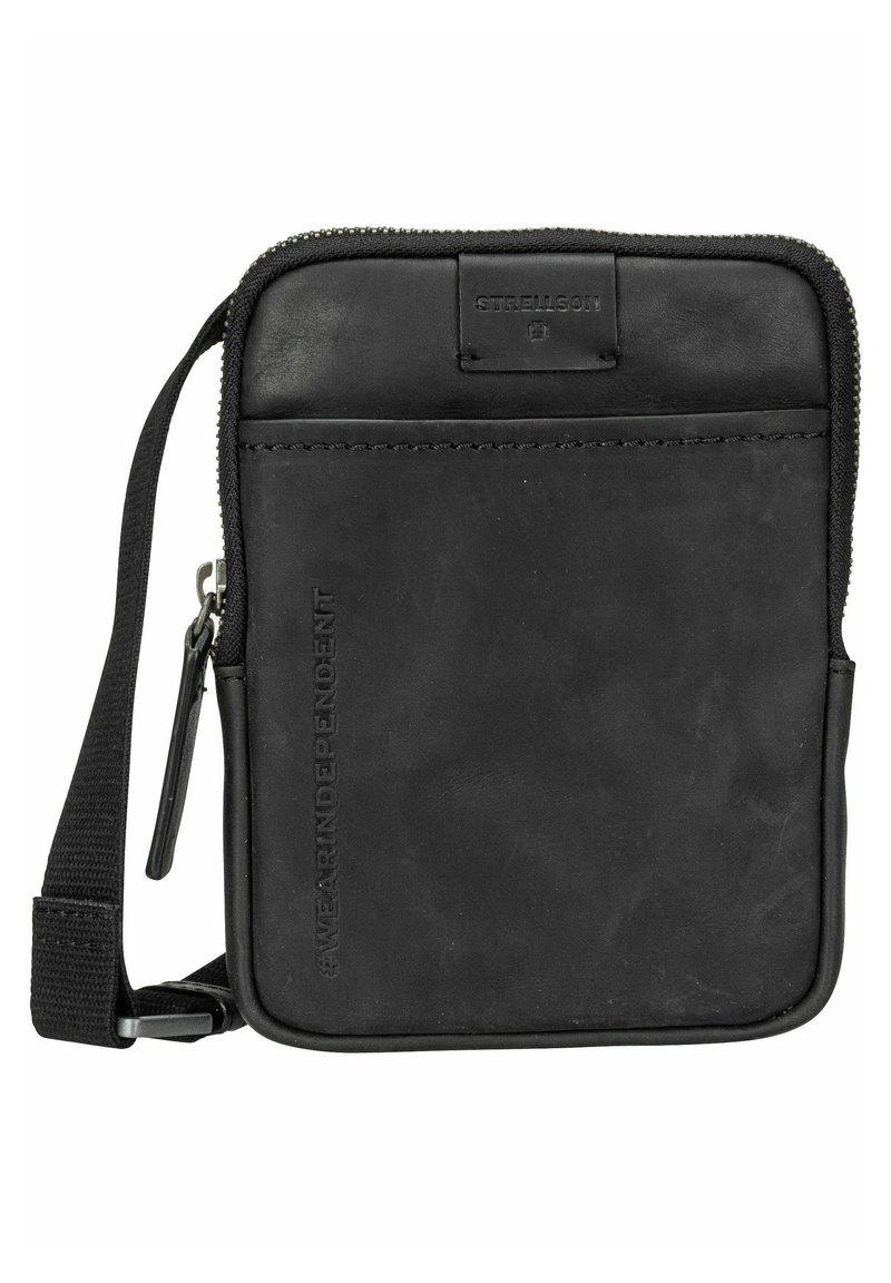 Borsa a tracolla nera in pelle con una texture liscia, chiusura con cerniera, tracolla regolabile e dettaglio del logo impresso. Forma compatta e rettangolare.