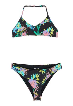 Bikini deux pièces noir avec bretelles ajustables, présentant un motif floral tropical coloré en pastel rose, bleu, vert et jaune.