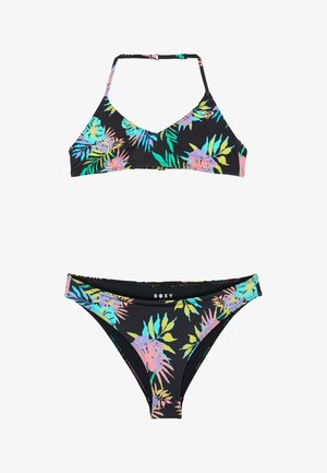 Bikini deux pièces noir avec bretelles ajustables, présentant un motif floral tropical coloré en pastel rose, bleu, vert et jaune.