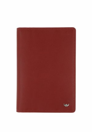 Brown leather notebook with stitched edges and a small silver logo in the bottom right corner on a white background.