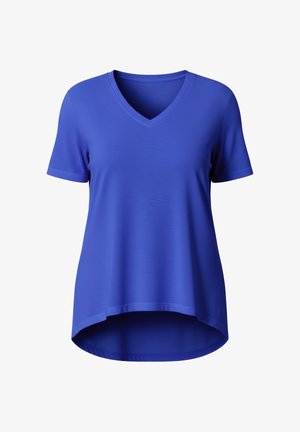 Blue V-neck t-shirt made of smooth fabric, featuring short sleeves and a curved hem that extends slightly longer at the back.