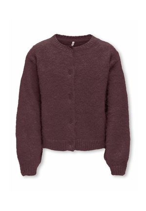 Long-sleeve, button-up dark purple wool cardigan with a round neck and ribbed cuffs and hem on a white background.