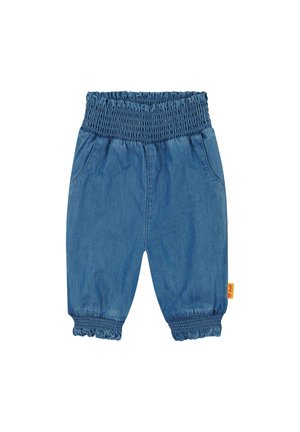 Blaue Jeanshose für Kinder mit gerafftem elastischem Bund, Seitentaschen und gesmokten Bündchen. Weiche Textur mit lockerem Sitz.