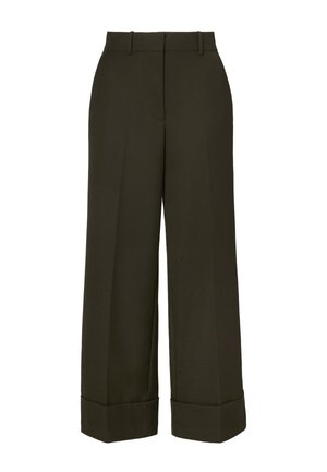 Pantalons larges en vert foncé, fabriqués en tissu lisse. Caractéristiques d'une taille haute, de plis et d'un ourlet retroussé pour plus de détails.