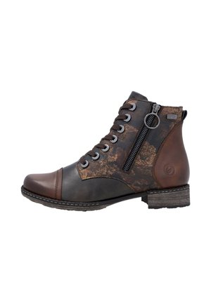Bottine en cuir marron et noir avec lacets à l'avant, fermeture éclair sur le côté, bout rond, détails de couture et un petit talon carré.
