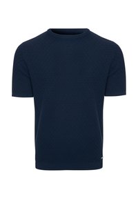 Suéter de manga corta en azul marino con un patrón de diamantes texturizado, cuello redondo acanalado y dobladillo recto con un pequeño detalle de logotipo.