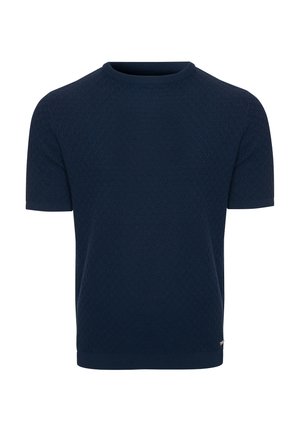 Maglione a maniche corte blu navy con un motivo a diamante testurizzato, colletto a girocollo a costine e orlo dritto con un piccolo logo.