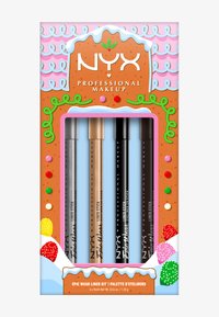 Kit de crayons eyeliner NYX Epic Wear comprenant quatre crayons de couleur : noir, argent, or et bleu, présentés dans une boîte festive au thème du pain d'épice.