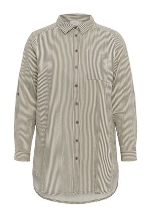 Long-sleeve beige and white vertical striped button-up shirt with collar and chest pocket.