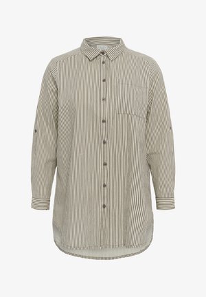 Langærmet beige og hvid vertikalt stribet skjorte med krave og brystlomme.