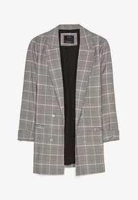 Dwurzędowa marynarka w kratę w czarno-białym kolorze, wykonana z tkaniny tkanej, wyposażona w dwie przednie kieszenie i srebrne guziki na mankietach.