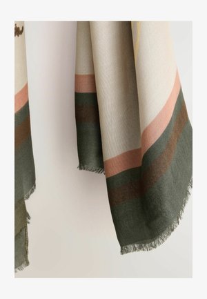 Woven scarf in beige with green, pink, and brown stripes. Features fringed edges and a soft texture.