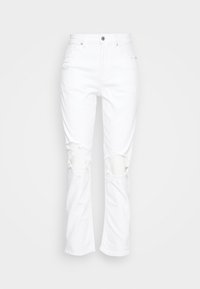 Bílé džínové kalhoty s vysokým pasem, slim fit širokými nohavicemi a roztrhanými detaily včetně velkých děr na kolenou. Klasické zapínání na knoflík a zip.