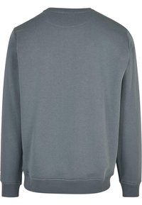 Grauer Pullover mit Rundhalsausschnitt und langen Ärmeln. Weicher Stoff mit gerippten Bündchen und Saum, verfügt über ein schlichtes, einfarbiges Design.