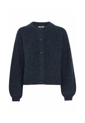 Tummansininen neulejakku, jossa on ribattua pintaa, pyöreä pääntie, pitkät puffihihat ja kuusi mustaa nappia edessä.