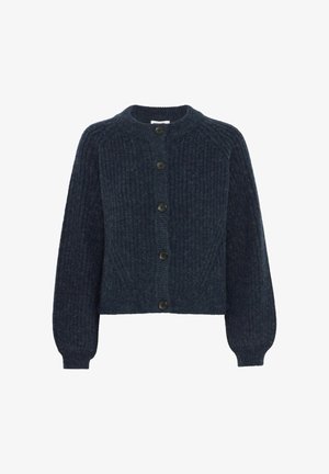 Marineblå strikket cardigan med ribbet struktur, rund hals, lange puffærmer og seks sorte knapper foran.