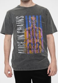 Gray cotton t-shirt featuring a multicolored skeleton graphic with vertical stripes and "Alice in Chains" text in distressed white.