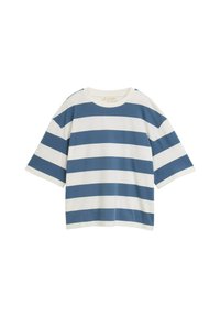 Kurzärmeliges Baumwoll-T-Shirt mit abwechselnd blauen und weißen horizontalen Streifen, Rundhalsausschnitt und lockerer Passform.
