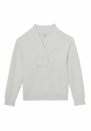 Világosszürke pulóverV-nyakkal, hosszú ujjakkal, laza fazonban, bordázott mandzsettákkal. Puha, texturált anyagból készült.