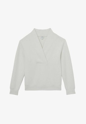 Világosszürke pulóverV-nyakkal, hosszú ujjakkal, laza fazonban, bordázott mandzsettákkal. Puha, texturált anyagból készült.