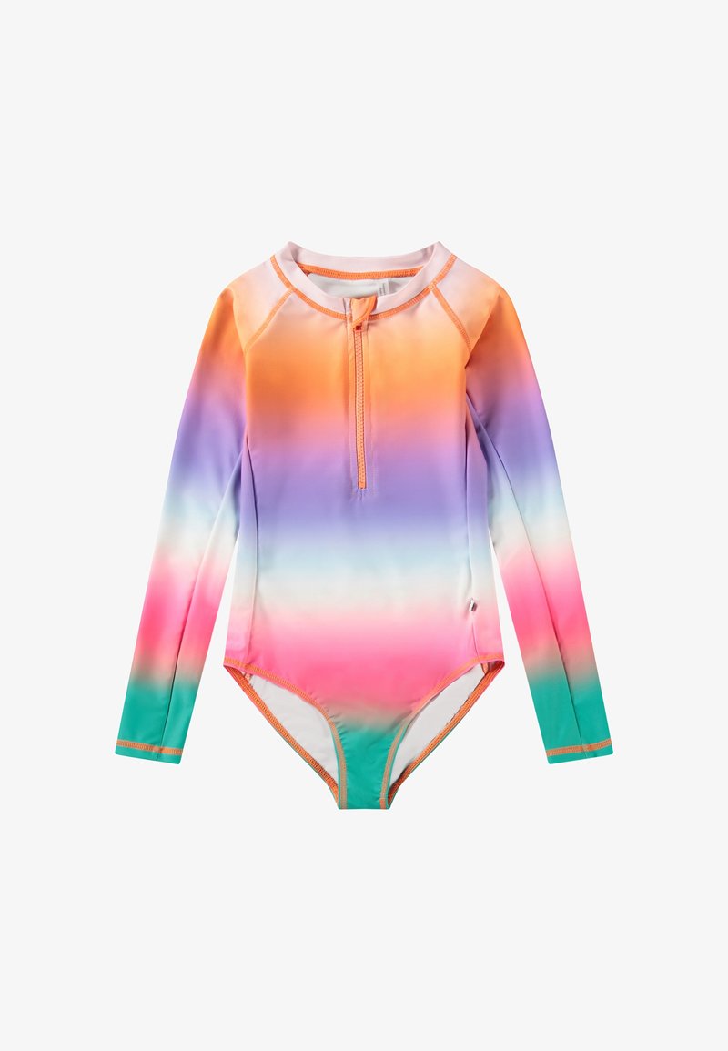 Maillot de bain à manches longues en dégradé de couleurs : orange, rose, violet et turquoise. Doté d'une fermeture éclair à l'avant et de surpiqûres orange contrastantes. Tissu lisse et extensible.