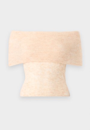 Top tricotat decoltat în nuanță piersică deschisă, cu textură cu dungi și croială ajustată, prezentând o variație subtilă de culoare pe toată suprafața.