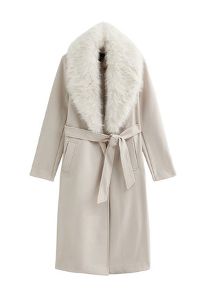 Beige buitenjas met een faux fur kraag, een riem op de taille en twee voorkg pockets; gladde textuur met een rechte silhouette.