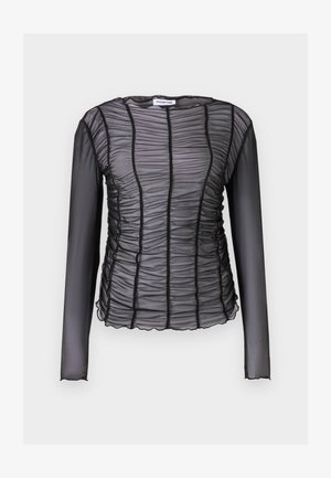 Haut à manches longues noir fabriqué en tissu transparent froncé avec des rayures verticales, présentant un ourlet en dentelle et un col rond.