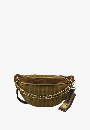 Sac en velours côtelé marron avec un détail en chaîne dorée et des fermetures éclair doubles. Il dispose d'une sangle détachable avec un crochet et d'un design en tissu texturé.