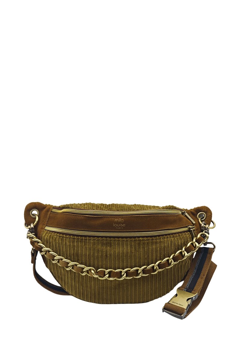 Sac en velours côtelé marron avec un détail en chaîne dorée et des fermetures éclair doubles. Il dispose d'une sangle détachable avec un crochet et d'un design en tissu texturé.