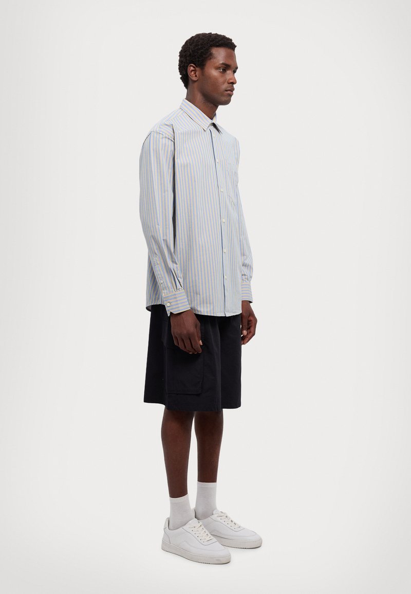 Camicia azzurra chiara con sottili righe verticali, abbinata a pantaloni corti neri e sneakers bianche. Tessuto liscio, design del colletto classico.