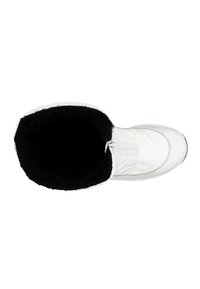 Witte winterlaars met een zachte zwarte bontvoering, gladde textuur, ronde neus en een ritssluiting aan de voorkant.