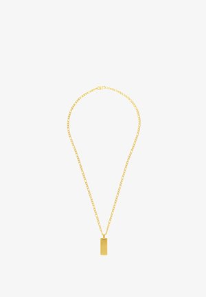 Collana color oro con una catena delicata e un pendente rettangolare. Il pendente ha una texture opaca e un design semplice.