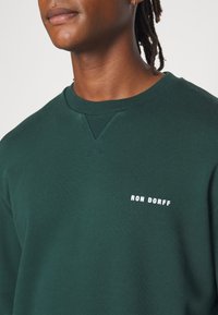 Zielona bluza z okrągłym dekoltem, ściągaczami na rękawach oraz małym białym logo "RON DORFF" na piersi. Miękka tkanina o gładkiej fakturze.