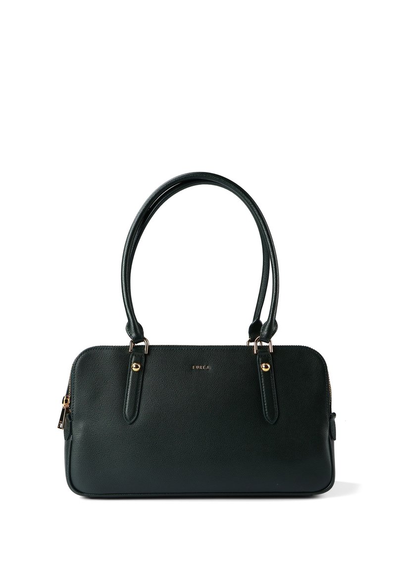 Σκούρο πράσινο δερμάτινο τσάντα χειρός με υφή στην επιφάνεια, διπλές πάνω λαβές, χρυσού τόνου μεταλλικά στοιχεία και κλείσιμο με φερμουάρ, με ορθογώνιο σχήμα.