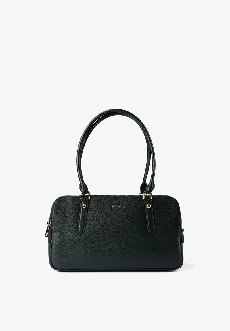 Σκούρο πράσινο δερμάτινο τσάντα χειρός με υφή στην επιφάνεια, διπλές πάνω λαβές, χρυσού τόνου μεταλλικά στοιχεία και κλείσιμο με φερμουάρ, με ορθογώνιο σχήμα.